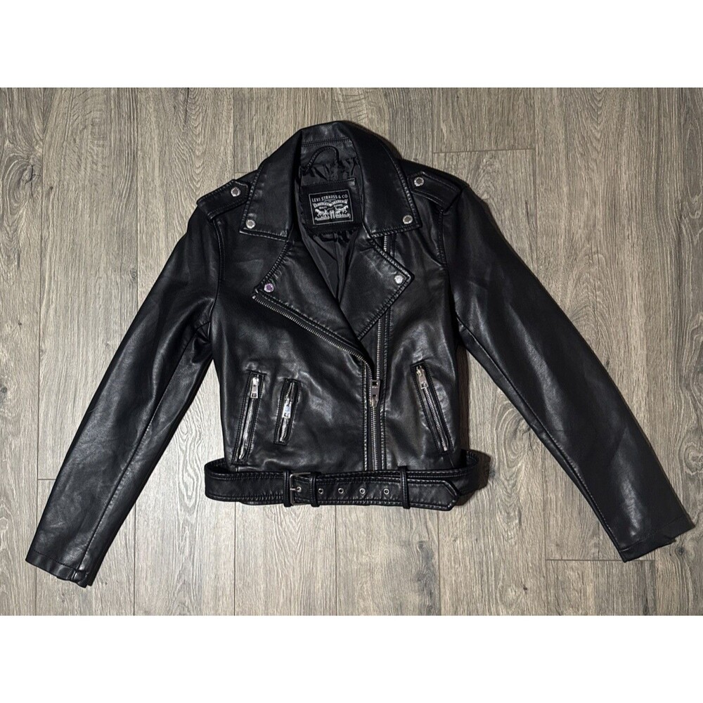 Levi’s Womens Black Faux Leather Belted Moto Biker Jacket Zipper Pockets Sz S